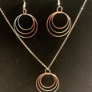 Elegant Silver Triple Floating Hoop Necklace and Earring Set